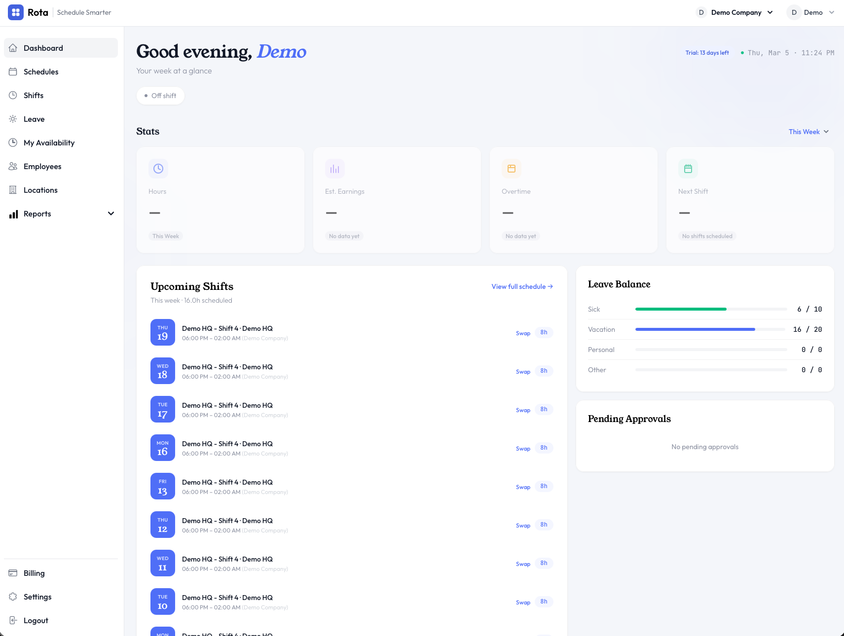 Rota dashboard showing time clock with live clock-in status for each team member