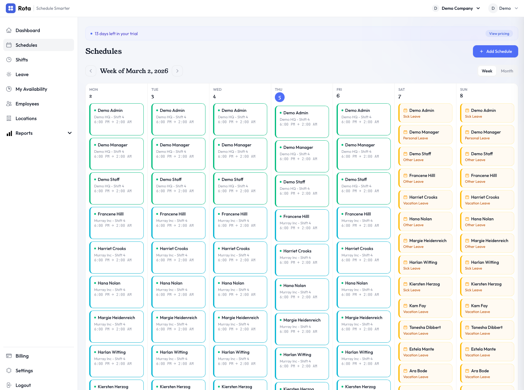 Rota weekly schedule view with color-coded shifts for different roles and team members